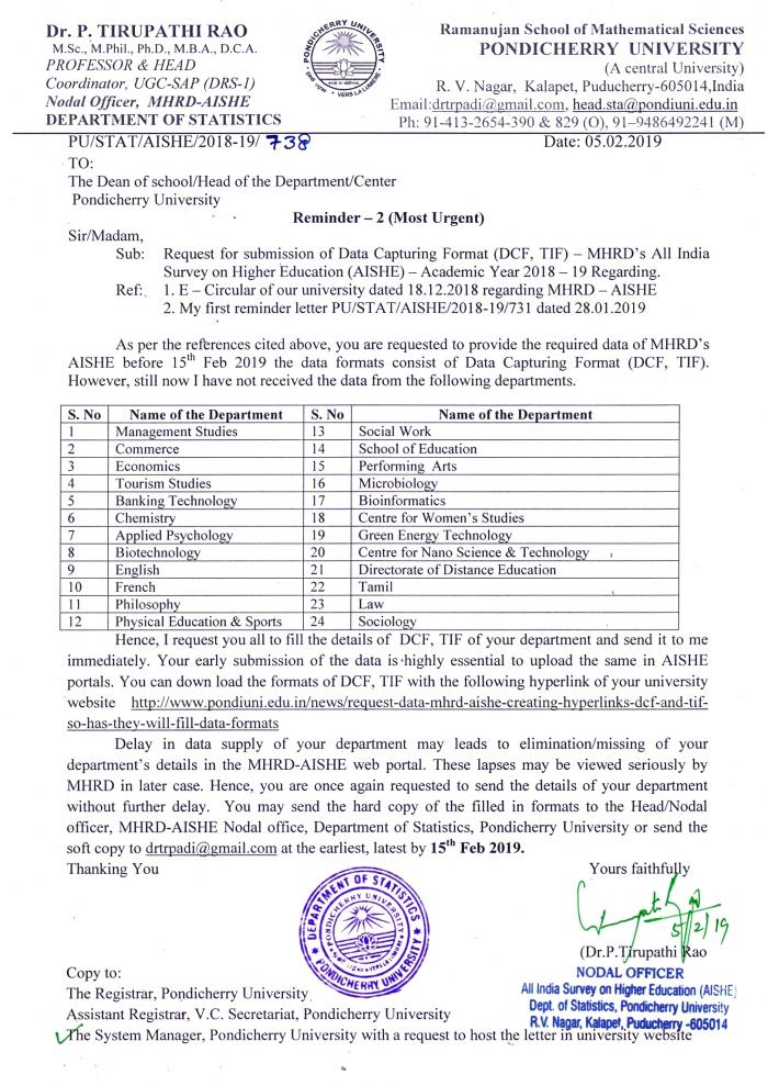 Nodal Officer For Conducting The Mhrd All India Survey On Higher