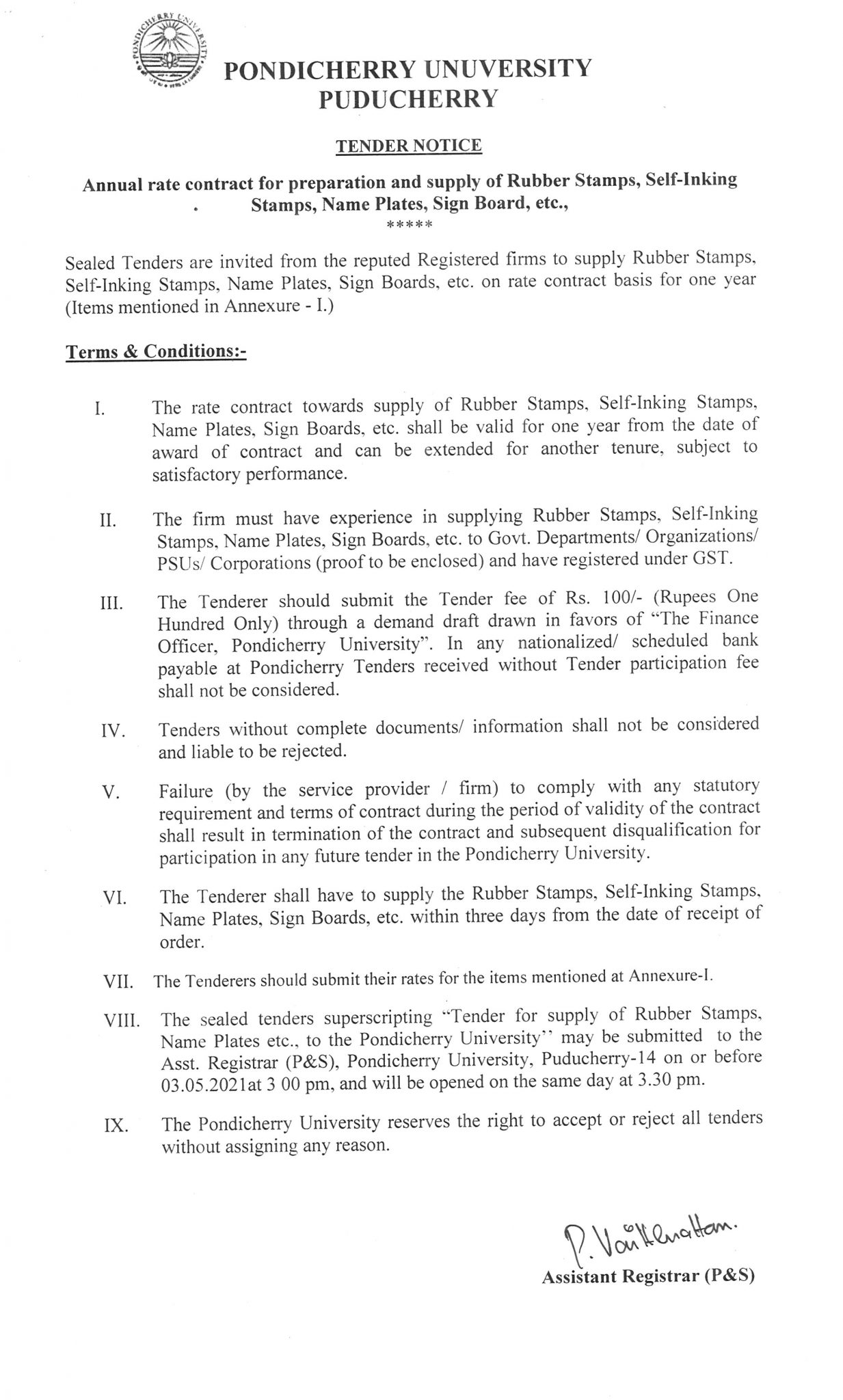 Tender for Annual Rate Contract for Preparation and Supply of Rubber