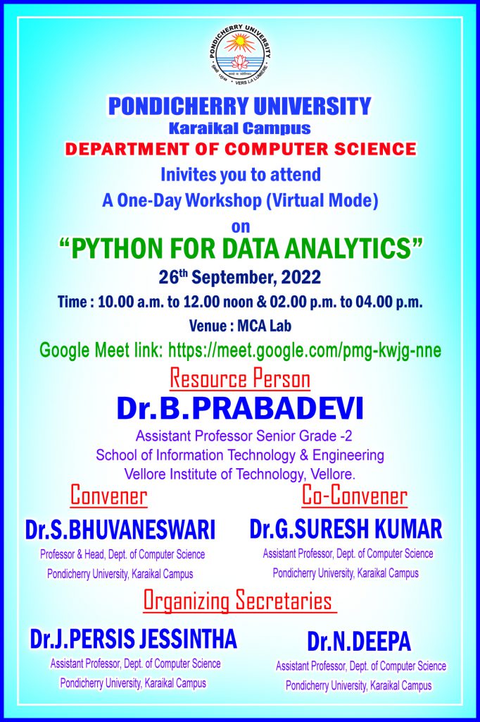 Workshop on “Python for Data Analytics” – Department of Computer ...