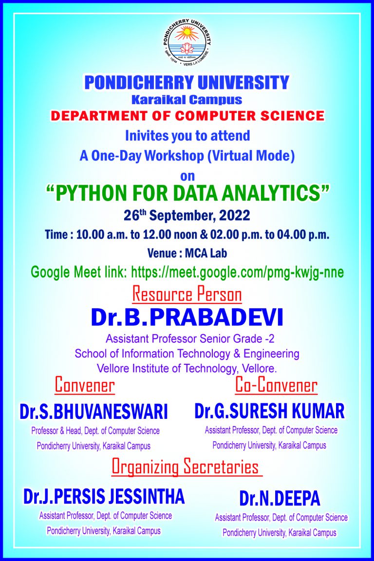 Workshop on “Python for Data Analytics” – Department of Computer ...