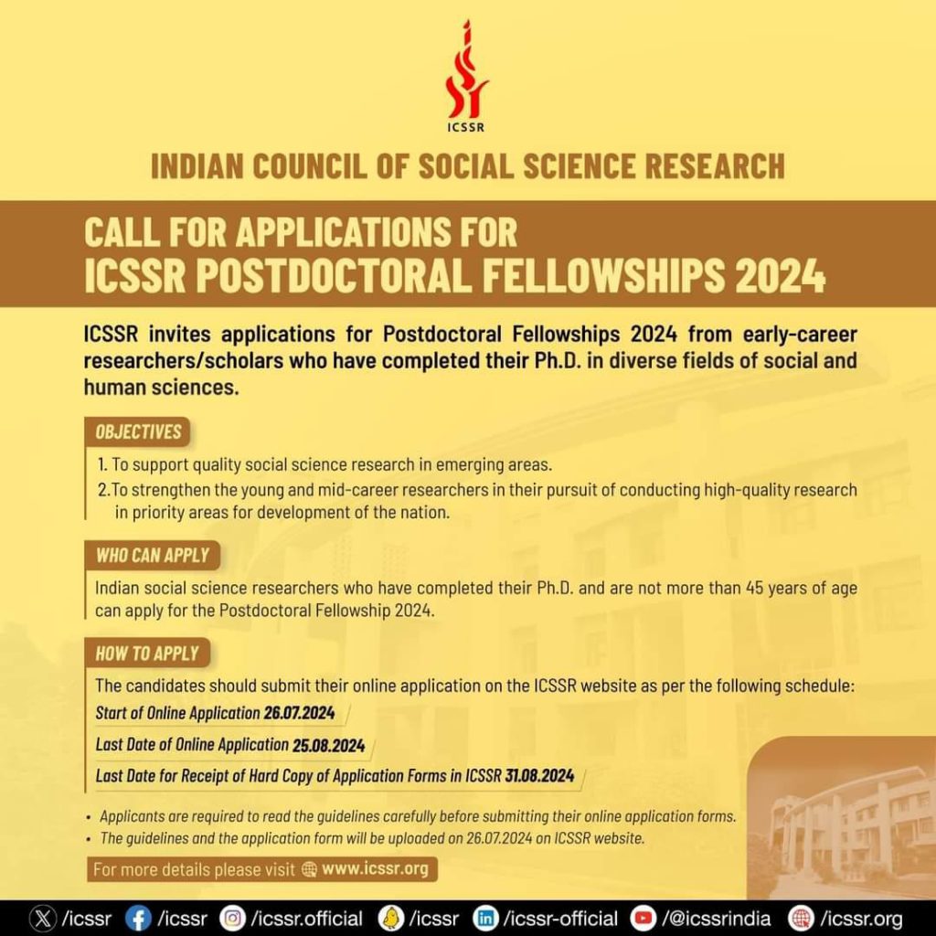 Call for Applications for ICSSR Postdoctoral Fellowships 2024