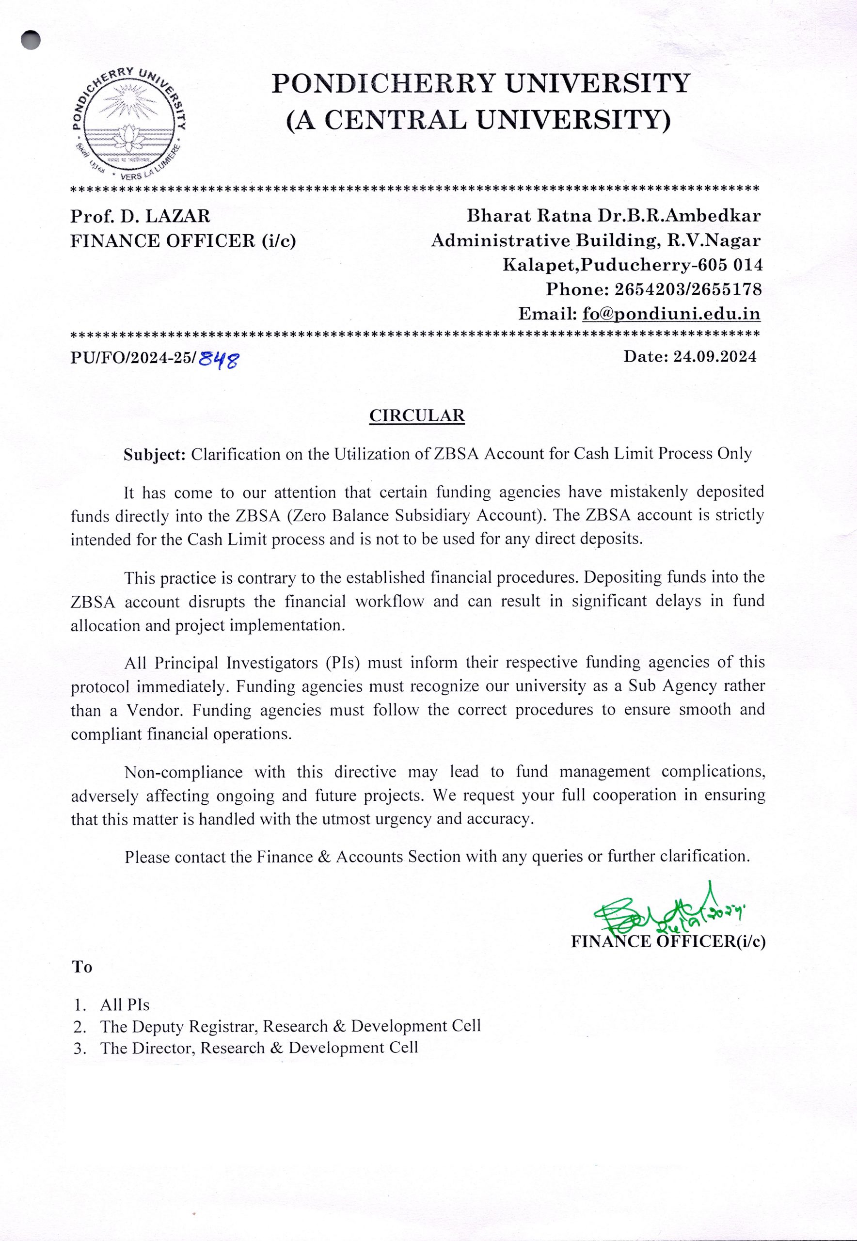 Clarification on the utilization of zbsa account for cash limit process