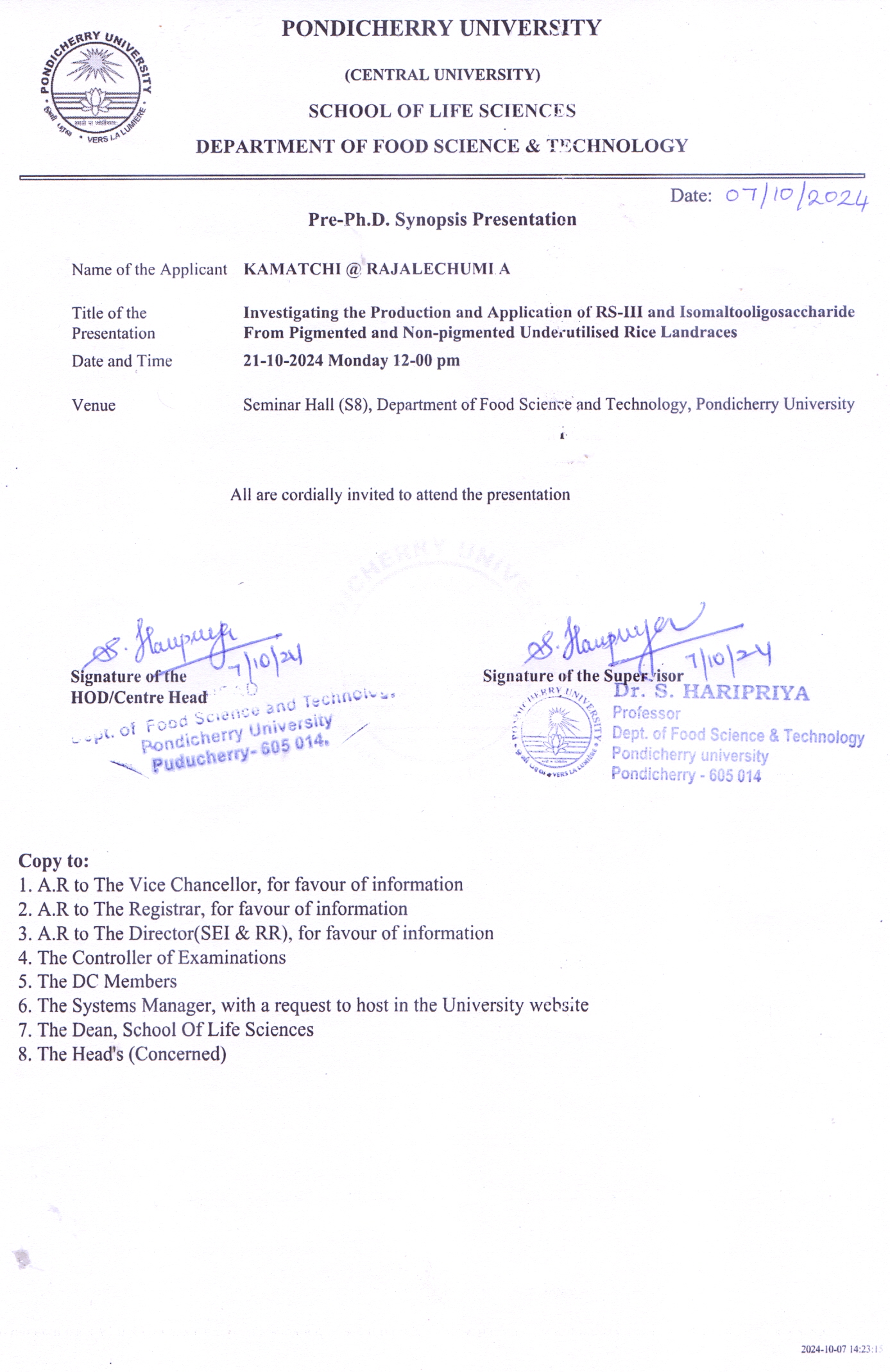 PrePh.D. Synopsis Presentation notification of Kamatchi Rajalechumi